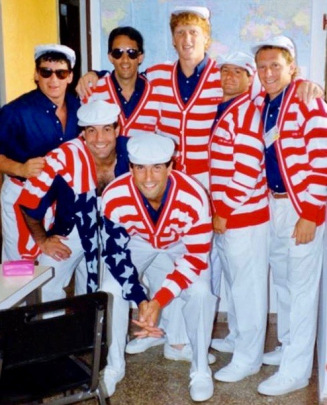 Photo: Maccabi USA Rugby 1989 team members prior to Maccabiah Games opening ceremony – Front Bending Down (L-R): Jeff Ebner, Adam Brickner. Back Row (L-R): Dave Rudzinsky (2017 Chair), Jordan Weinstein, Shawn Lipman (2017 head coach), Dave Kipnis, Jeff Simon.